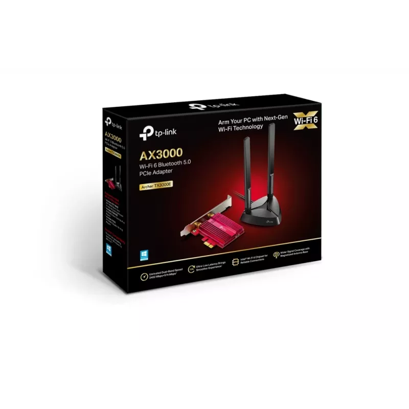 TP-Link Archer TX3000E belaidis PCIe adapteris AX3000 Wi-Fi 6 Bluetooth 5.0, 2402 Mbit/s, juoda, raudona