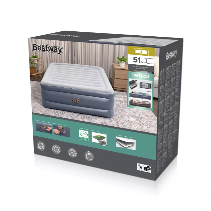 Pripučiamas čiužinys Bestway Tritech Queen su įmontuotu siurbliu ir antimikrobine danga 2,03 m x 1,52 m x 51 cm
