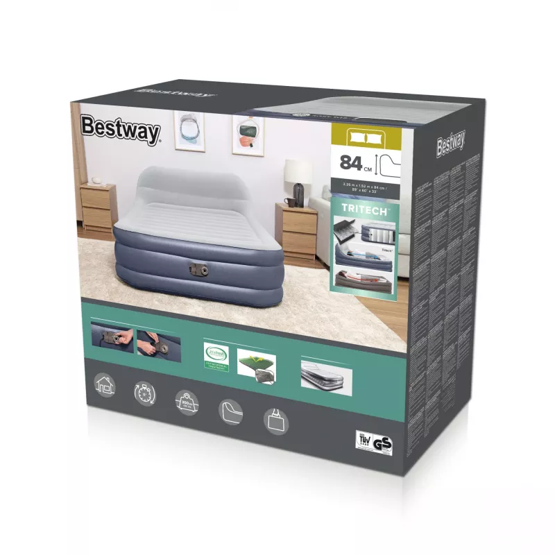 Bestway Tritech SleekFlow Headboard pripučiamas čiužinys Queen su įmontuotu AC siurbliu ir antimikrobine danga 2,26 m x 1,52 m x 84 cm