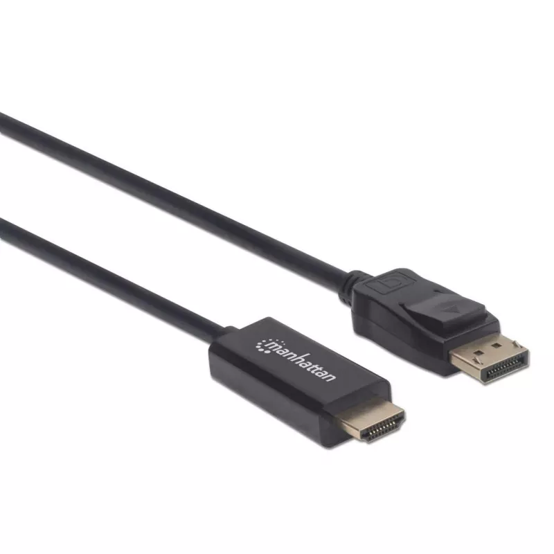 Manhattan DisplayPort 1.2 į HDMI laidas, 4K@60Hz, 1m, Kištukas į Kištuką, DP su fiksatoriumi, Juoda, Ne dvikryptis, Trejų metų garantija, Atitikmuo 3F-DP-HDMI-4K60-HDR