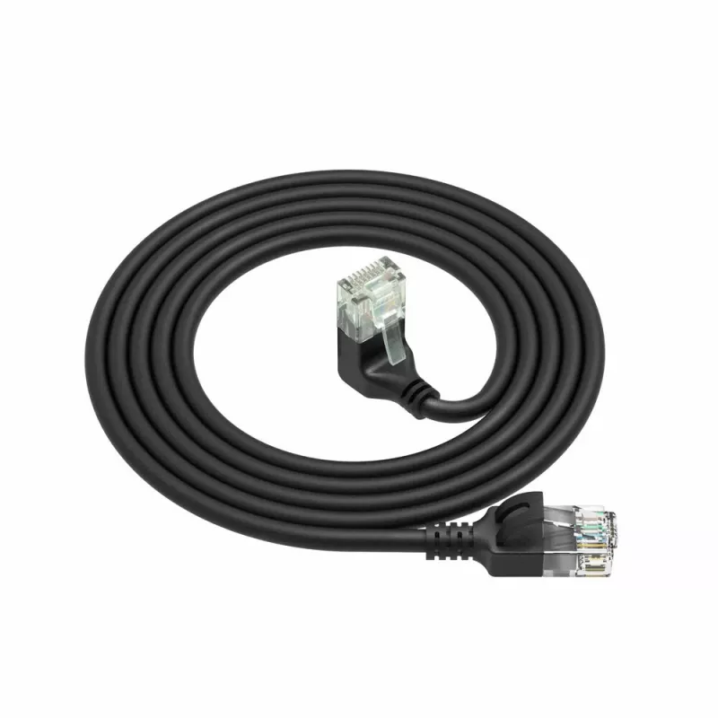 ACT Black 1.5 m U/UTP CAT6A LSZH Slimline pataisos kabelis su RJ45 jungtimis 90° kampu žemyn į tiesų
