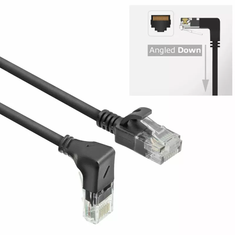 ACT Black 1.5 m U/UTP CAT6A LSZH Slimline pataisos kabelis su RJ45 jungtimis 90° kampu žemyn į tiesų