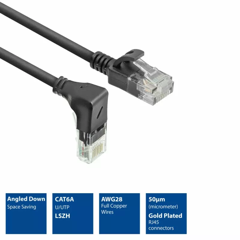 ACT Black 1.5 m U/UTP CAT6A LSZH Slimline pataisos kabelis su RJ45 jungtimis 90° kampu žemyn į tiesų