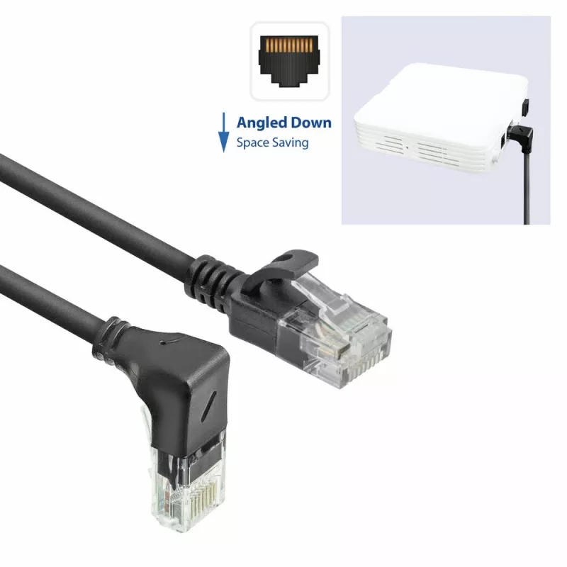 ACT Black 1.5 m U/UTP CAT6A LSZH Slimline pataisos kabelis su RJ45 jungtimis 90° kampu žemyn į tiesų