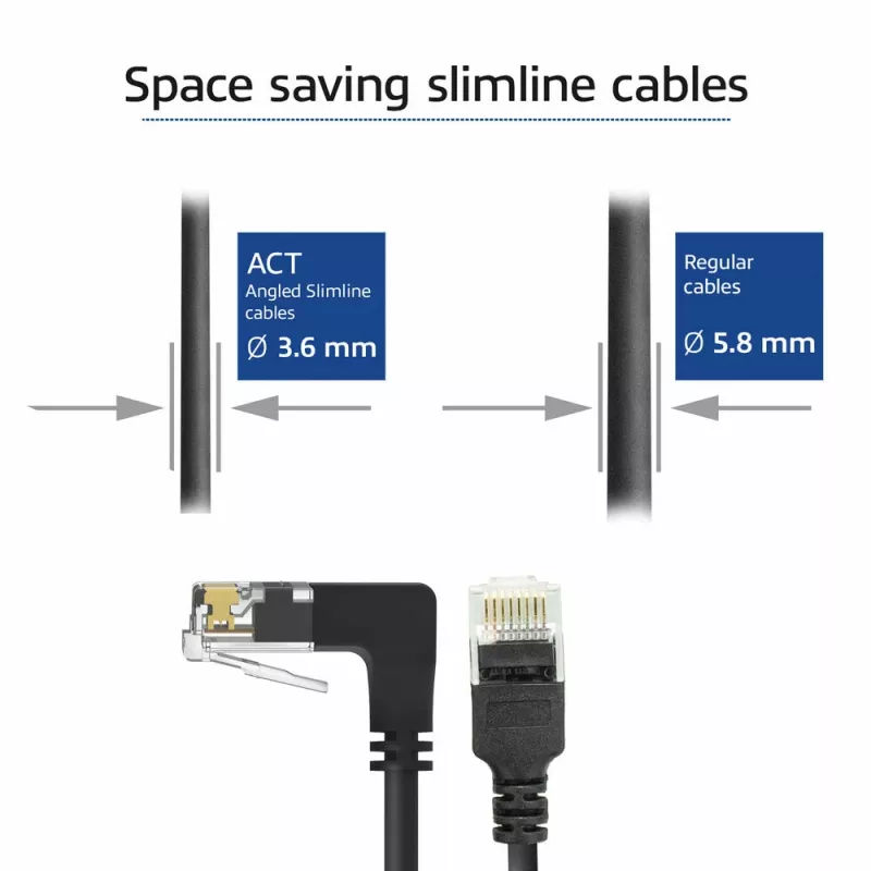 ACT Black 1.5 m U/UTP CAT6A LSZH Slimline pataisos kabelis su RJ45 jungtimis 90° kampu žemyn į tiesų