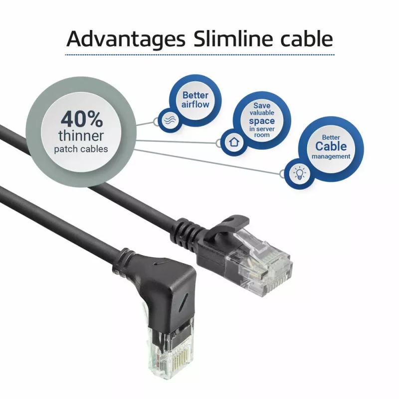 ACT Black 1.5 m U/UTP CAT6A LSZH Slimline pataisos kabelis su RJ45 jungtimis 90° kampu žemyn į tiesų