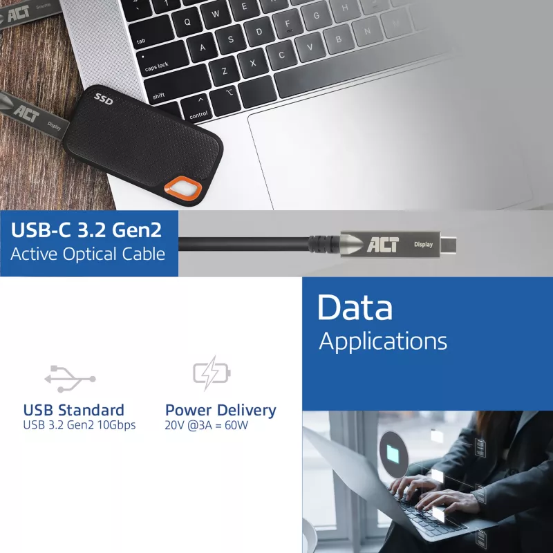 ACT USB-C 3.2 Gen2 aktyvus optinis kabelis (AOC), skirtas jutikliniams ekranams, vaizdui, duomenims, maitinimui, 3m