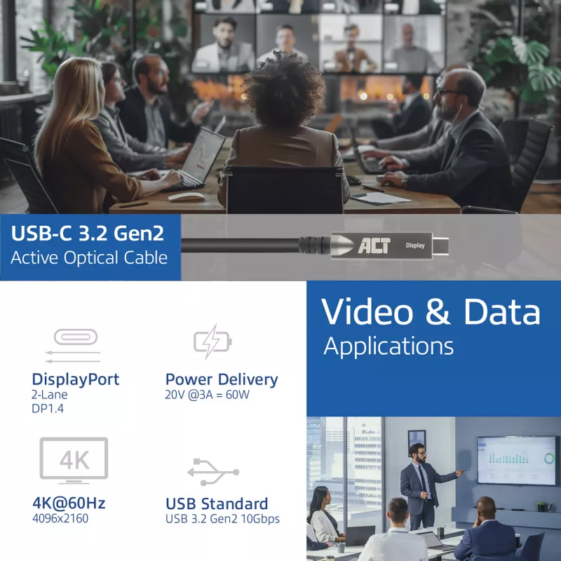 ACT USB-C 3.2 Gen2 aktyvus optinis kabelis (AOC), skirtas jutikliniams skydeliams, vaizdui, duomenims, maitinimui, 5m
