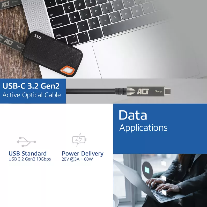 ACT USB-C 3.2 Gen2 aktyvus optinis kabelis (AOC), skirtas jutikliniams skydeliams, vaizdui, duomenims, maitinimui, 5m