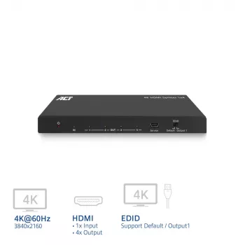 HDMI skirstytuvas ACT 4K, 1 įėjimas 4 išėjimai, EDID, 3840x2160, juodas
