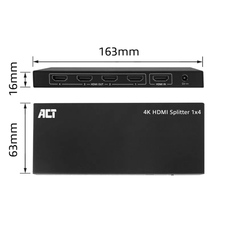 HDMI skirstytuvas ACT 4K, 1 įėjimas 4 išėjimai, EDID, 3840x2160, juodas