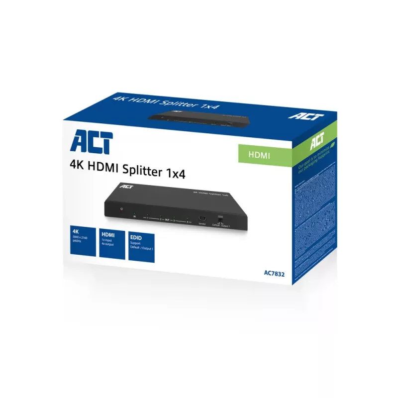 HDMI skirstytuvas ACT 4K, 1 įėjimas 4 išėjimai, EDID, 3840x2160, juodas