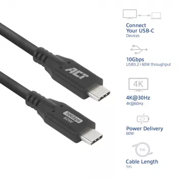 ACT USB 3.0 10Gbps 60W USB Type-C laidas, 1 m, USB C, USB 3.2 Gen 2 (3.1 Gen 2), 10 Gbit/s, juodas