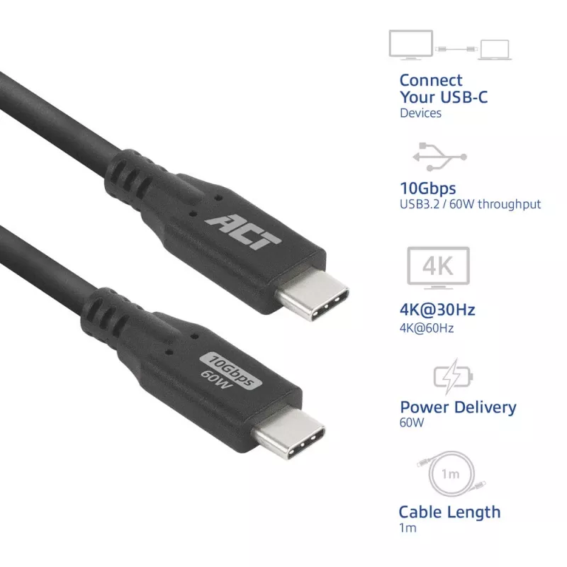 ACT USB 3.0 10Gbps 60W USB Type-C laidas, 1 m, USB C, USB 3.2 Gen 2 (3.1 Gen 2), 10 Gbit/s, juodas