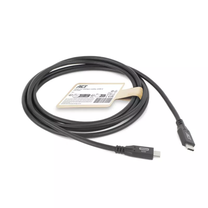 ACT USB 3.0 10Gbps 60W USB Type-C laidas, 1 m, USB C, USB 3.2 Gen 2 (3.1 Gen 2), 10 Gbit/s, juodas