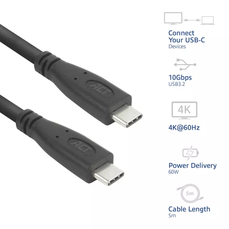 ACT AC7445 USB 3.2 Gen 2 laidas USB C 5 m 10 Gbit/s 60 W juodas