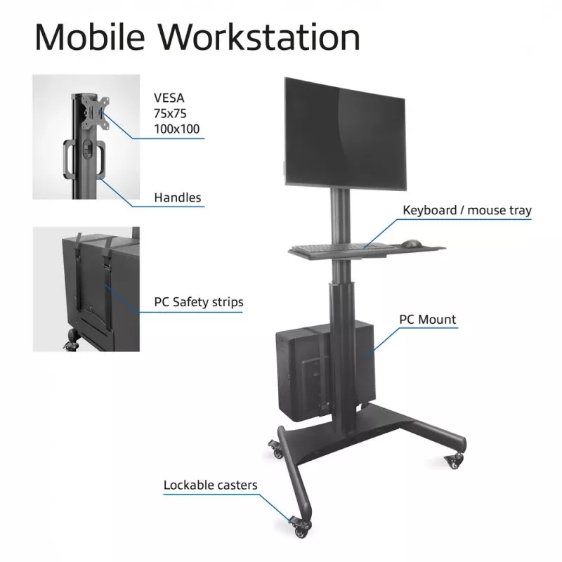 Mobilioji darbo stotis AC8374 vienam monitoriui, su CPU laikikliu, klaviatūros ir pelės padėklu