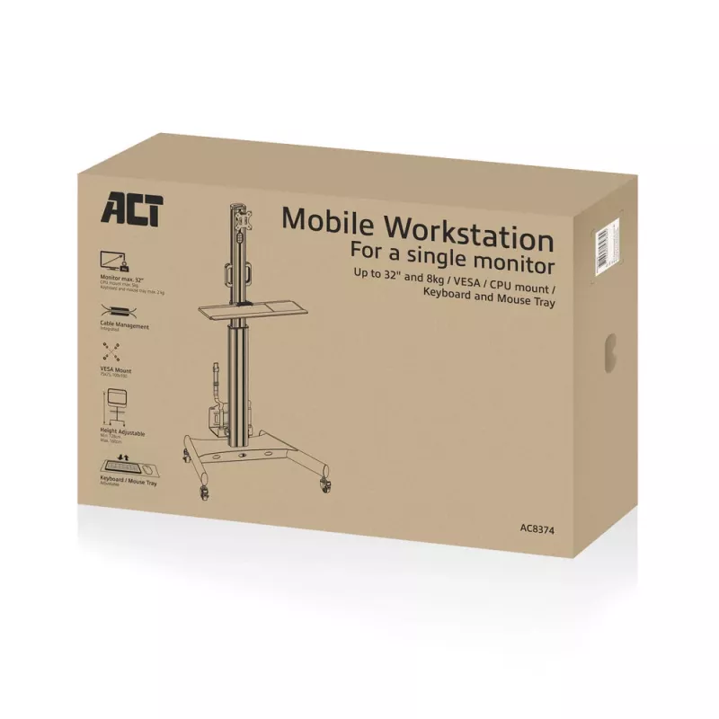 Mobilioji darbo stotis AC8374 vienam monitoriui, su CPU laikikliu, klaviatūros ir pelės padėklu