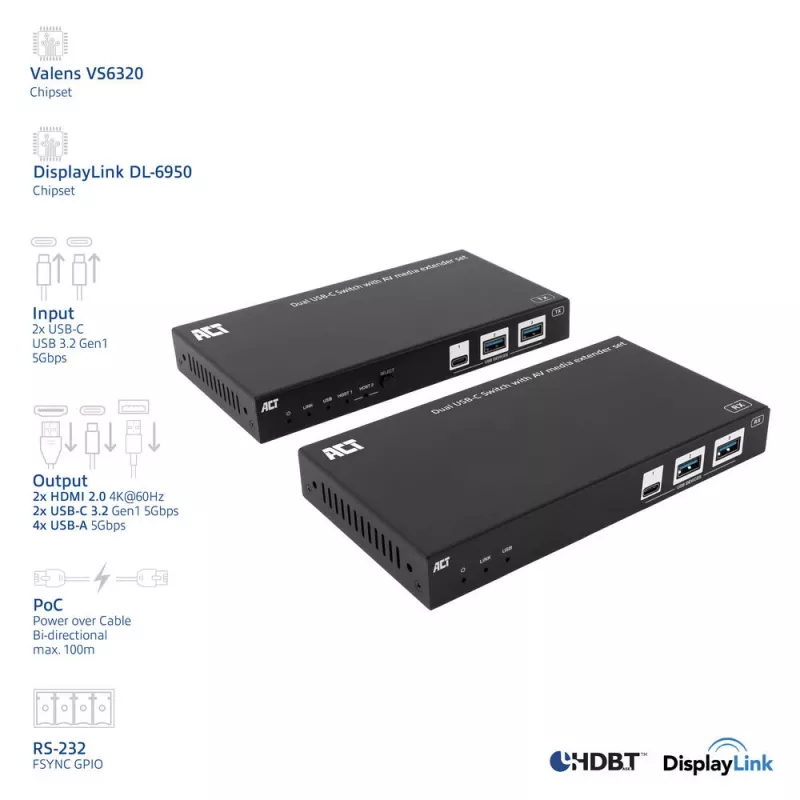 ACT AV USB-C HDBaseT prailgintuvas su dvigubu USB-C jungikliu, CAT6A, 100 m