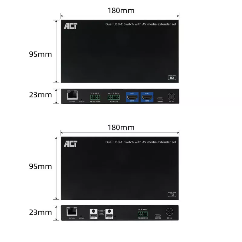 ACT AV USB-C HDBaseT prailgintuvas su dvigubu USB-C jungikliu, CAT6A, 100 m