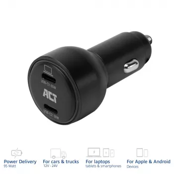 Automobilinis USB-C greitasis įkroviklis ACT 2 prievadai 95W su Power Delivery PPS, Quick Charge ir GaNFast