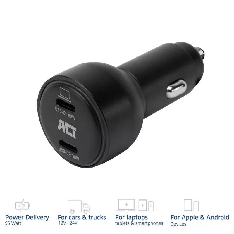 Automobilinis USB-C greitasis įkroviklis ACT 2 prievadai 95W su Power Delivery PPS, Quick Charge ir GaNFast