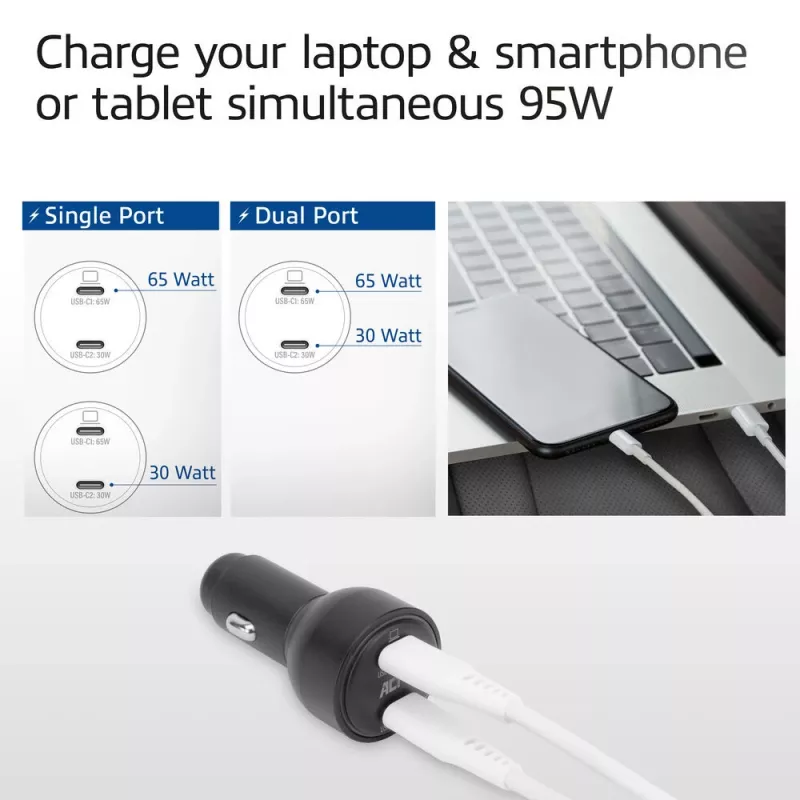 Automobilinis USB-C greitasis įkroviklis ACT 2 prievadai 95W su Power Delivery PPS, Quick Charge ir GaNFast
