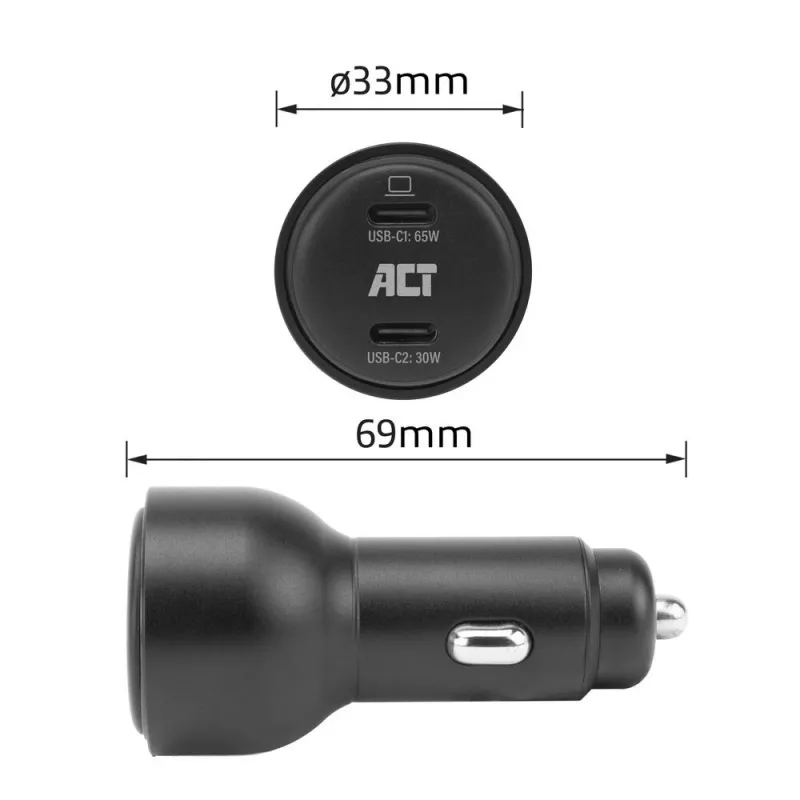 Automobilinis USB-C greitasis įkroviklis ACT 2 prievadai 95W su Power Delivery PPS, Quick Charge ir GaNFast