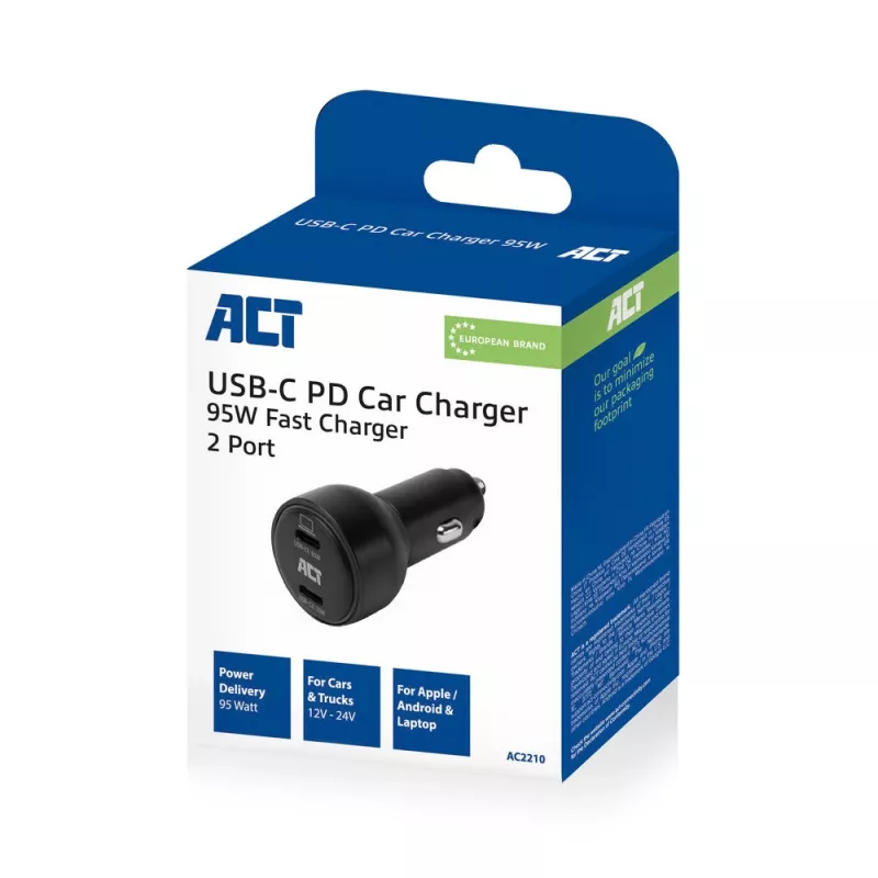 Automobilinis USB-C greitasis įkroviklis ACT 2 prievadai 95W su Power Delivery PPS, Quick Charge ir GaNFast