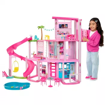 Barbie Dreamhouse lėlių namas su baseinu ir čiuožykla – 75+ dalių (HMX10)