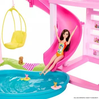 Barbie Dreamhouse lėlių namas su baseinu ir čiuožykla – 75+ dalių (HMX10)