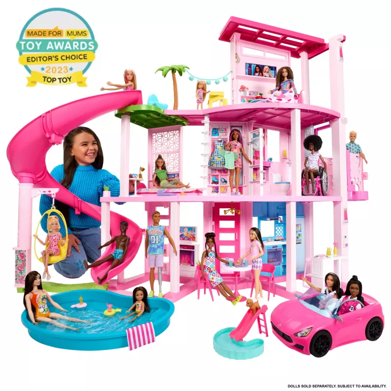 Barbie Dreamhouse lėlių namas su baseinu ir čiuožykla – 75+ dalių (HMX10)