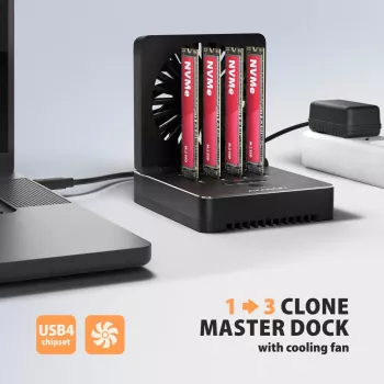 AXAGON ADSA-M2C44 USB4 40Gbps 4-ių lizdų M.2 NVMe SSD dokavimo stotelė su neprisijungus veikiančia klonavimo funkcija, aliumininis korpusas, aktyvus aušinimas