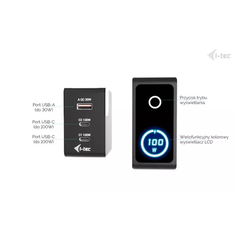 i-tec 100W Intelligent Multiport USB Charger 2x USB-C + 1x USB-A LCD CHARGER-INTG100W