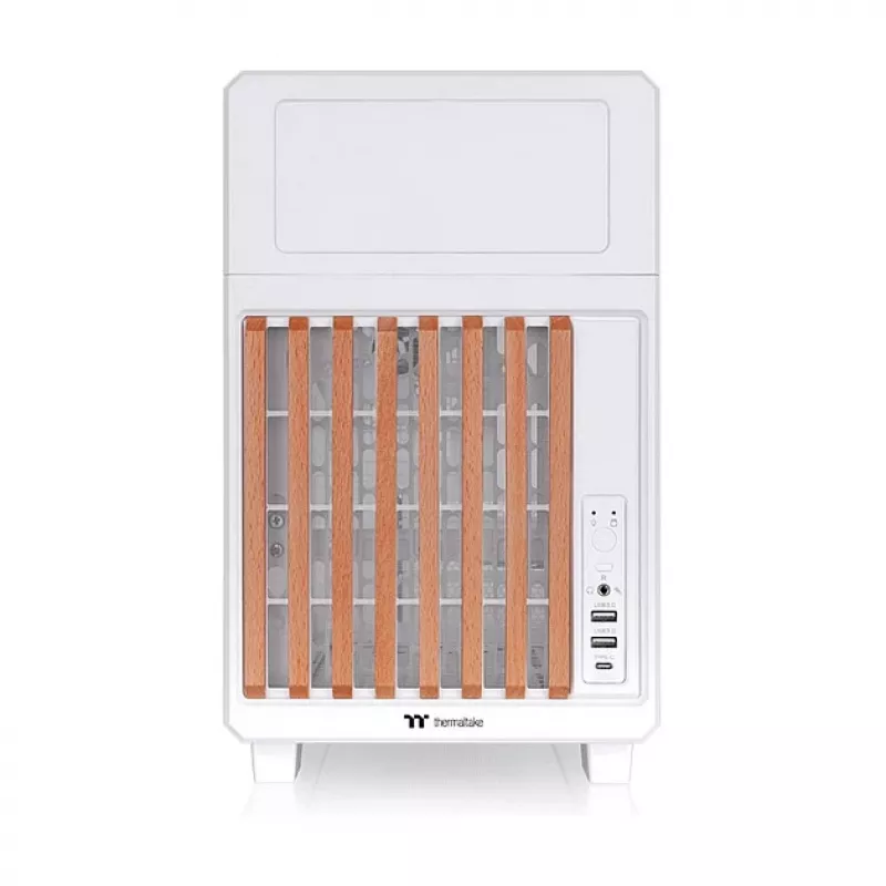 Thermaltake TR200 WS Snow White — Micro-ATX PC korpusas, tinklelis su tikros medienos priekiu, 1x 120mm ventiliatorius, USB-C, 360mm radiatoriaus / 365mm GPU palaikymas