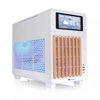 Thermaltake TR200 WS Snow White — Micro-ATX PC korpusas, tinklelis su tikros medienos priekiu, 1x 120mm ventiliatorius, USB-C, 360mm radiatoriaus / 365mm GPU palaikymas