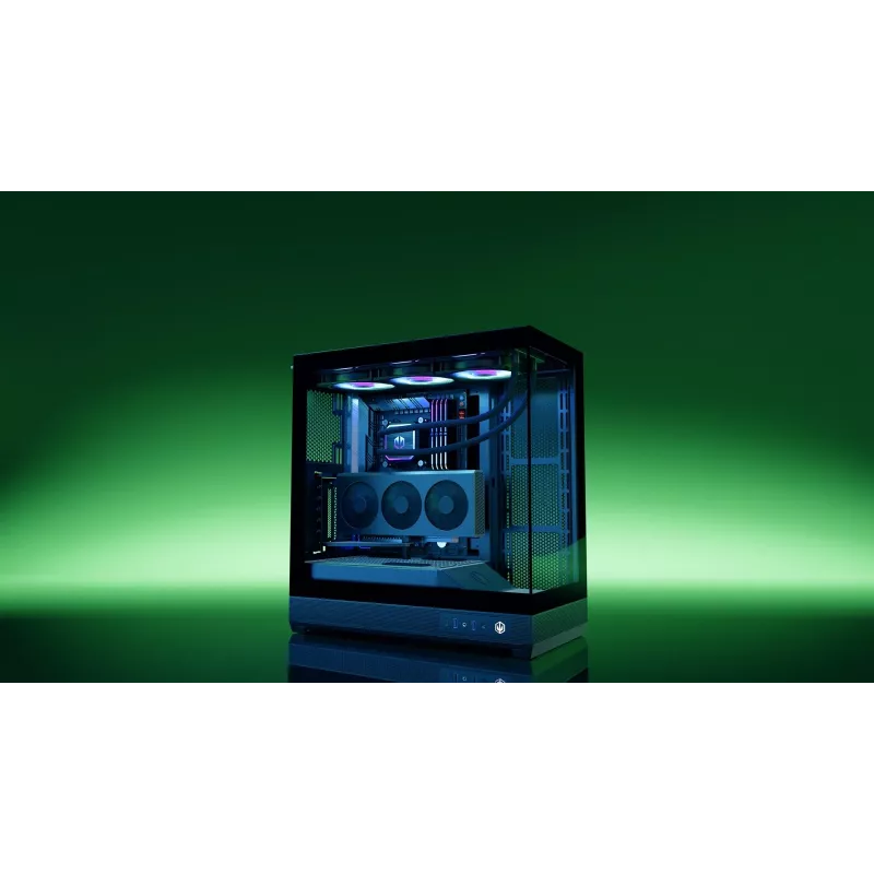 ENDORFY Fishtank 6000 Flex vidutinis bokštinis kompiuterio korpusas – juodas, dvigubas grūdintas stiklas, USB-C, E-ATX, paruoštas galiniam jungimui (be ventiliatorių)