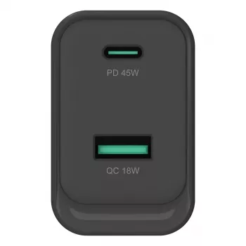 Conceptronic ALTHEA20B45 45W GaN USB-C PD & USB-A QC 3.0 Dviejų prievadų sieninis įkroviklis, juodas