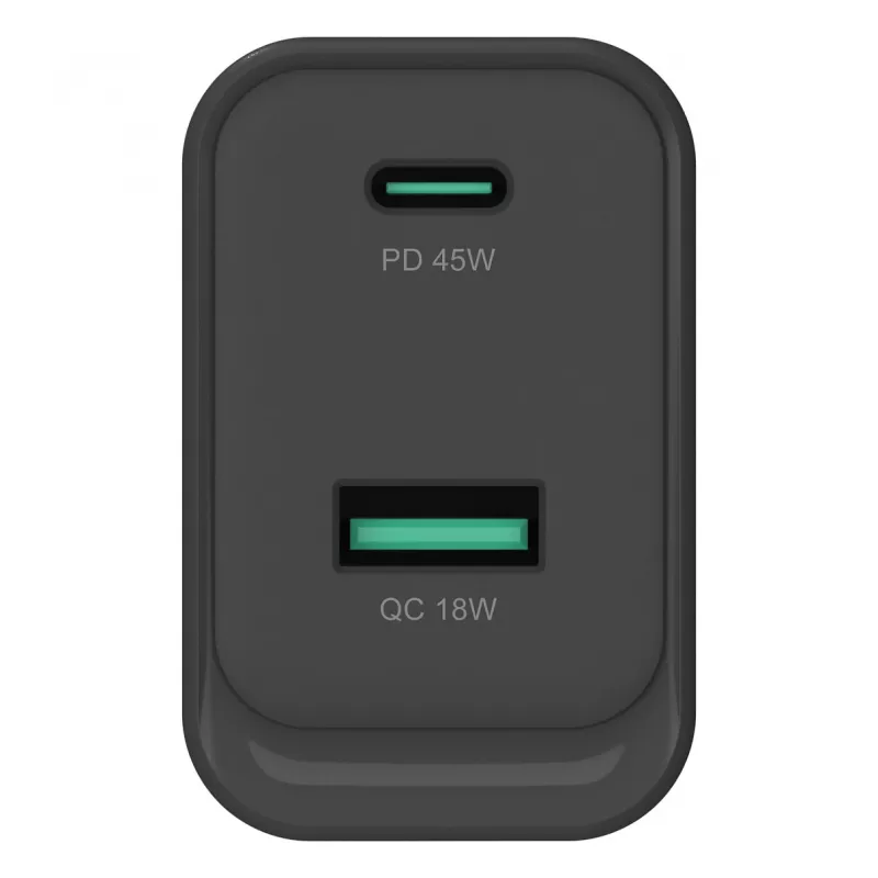 Conceptronic ALTHEA20B45 45W GaN USB-C PD & USB-A QC 3.0 Dviejų prievadų sieninis įkroviklis, juodas