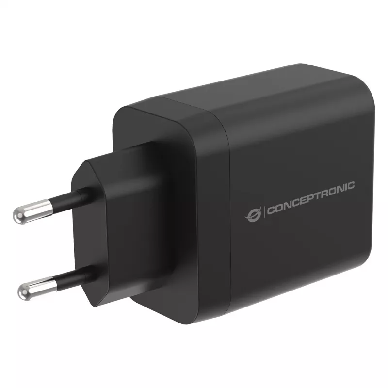 Conceptronic ALTHEA20B45 45W GaN USB-C PD & USB-A QC 3.0 Dviejų prievadų sieninis įkroviklis, juodas