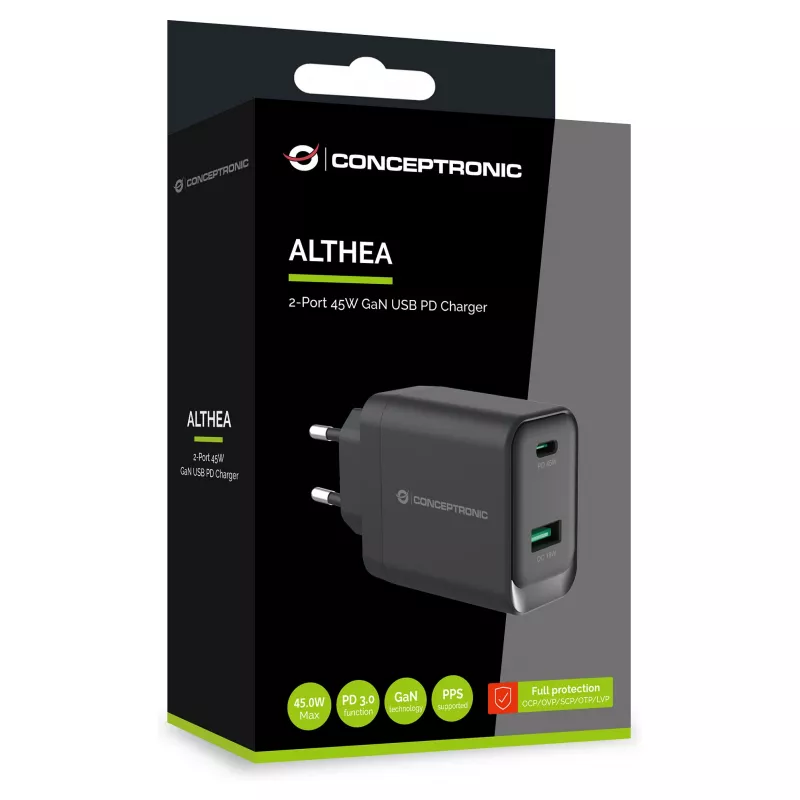 Conceptronic ALTHEA20B45 45W GaN USB-C PD & USB-A QC 3.0 Dviejų prievadų sieninis įkroviklis, juodas