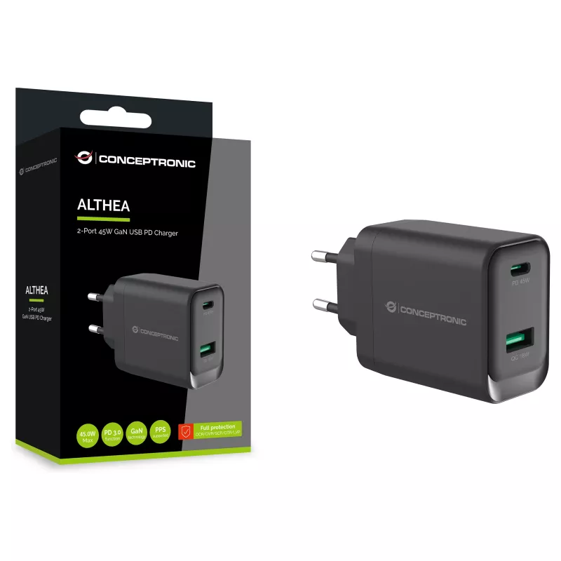 Conceptronic ALTHEA20B45 45W GaN USB-C PD & USB-A QC 3.0 Dviejų prievadų sieninis įkroviklis, juodas