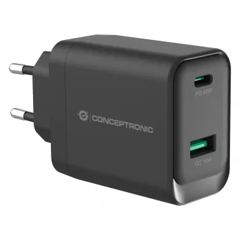 Conceptronic ALTHEA20B45 45W GaN USB-C PD & USB-A QC 3.0 Dviejų prievadų sieninis įkroviklis, juodas