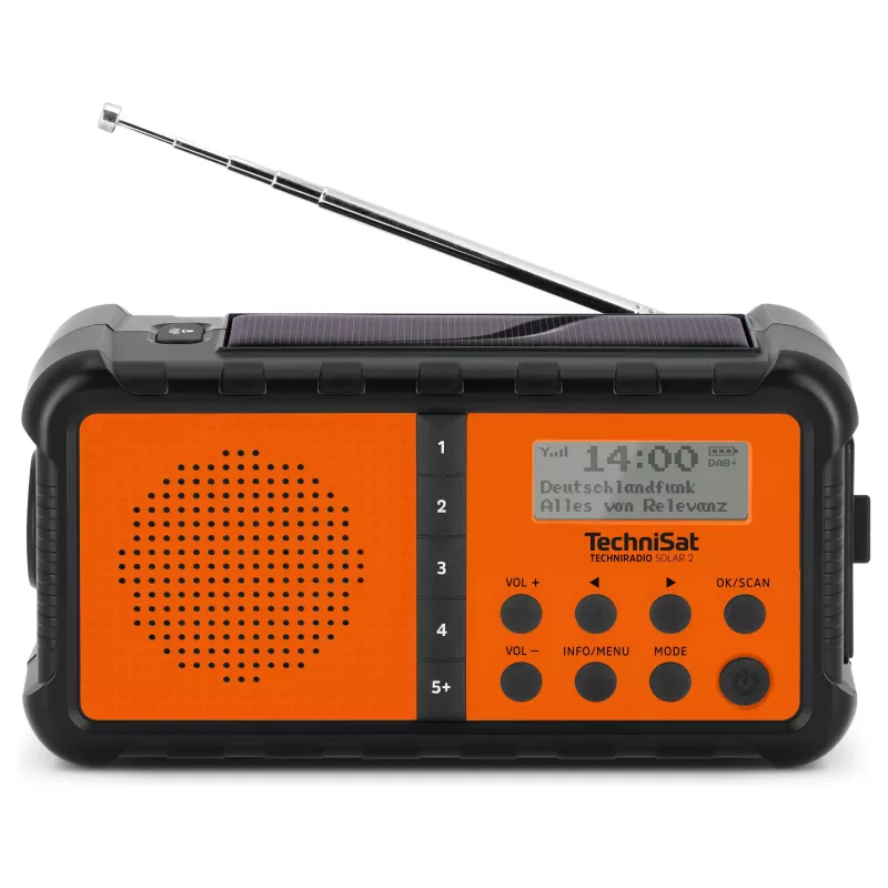 TechniSat TechniRadio Solar 2 DAB+/FM nešiojamas radijas su saulės baterija ir rankine suka, juoda/oranžinė