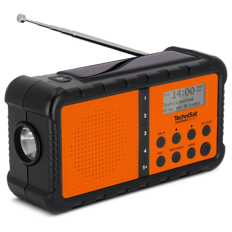 TechniSat TechniRadio Solar 2 DAB+/FM nešiojamas radijas su saulės baterija ir rankine suka, juoda/oranžinė
