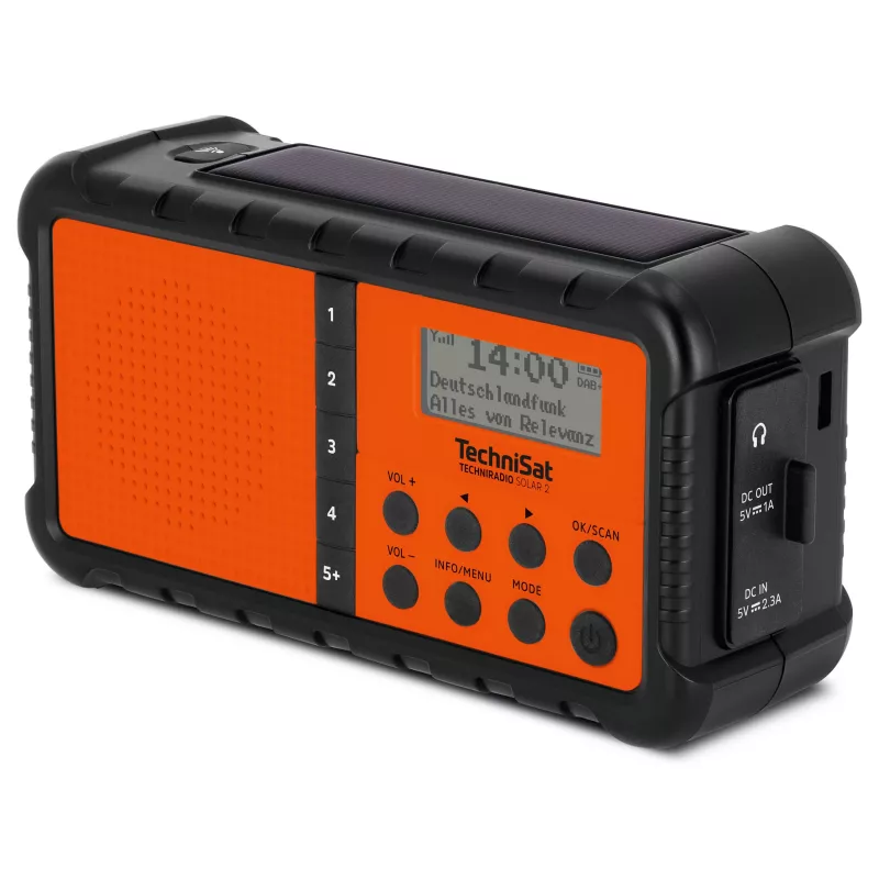 TechniSat TechniRadio Solar 2 DAB+/FM nešiojamas radijas su saulės baterija ir rankine suka, juoda/oranžinė