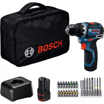 Bosch Professional GSR 12V-32 belaidis gręžtuvas-suktuvas, 12V, mėlynas/juodas, 2x 2.0Ah Li-Ion akumuliatoriai, 24 dalių priedų rinkinys, įrankių krepšys