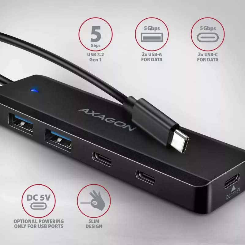 AXAGON HUE-C2C USB-C 5 Gbps kelioninis šakotuvas, 2x USB-A + 2x USB-C, USB-C maitinimo įėjimas, 19 cm kabelis