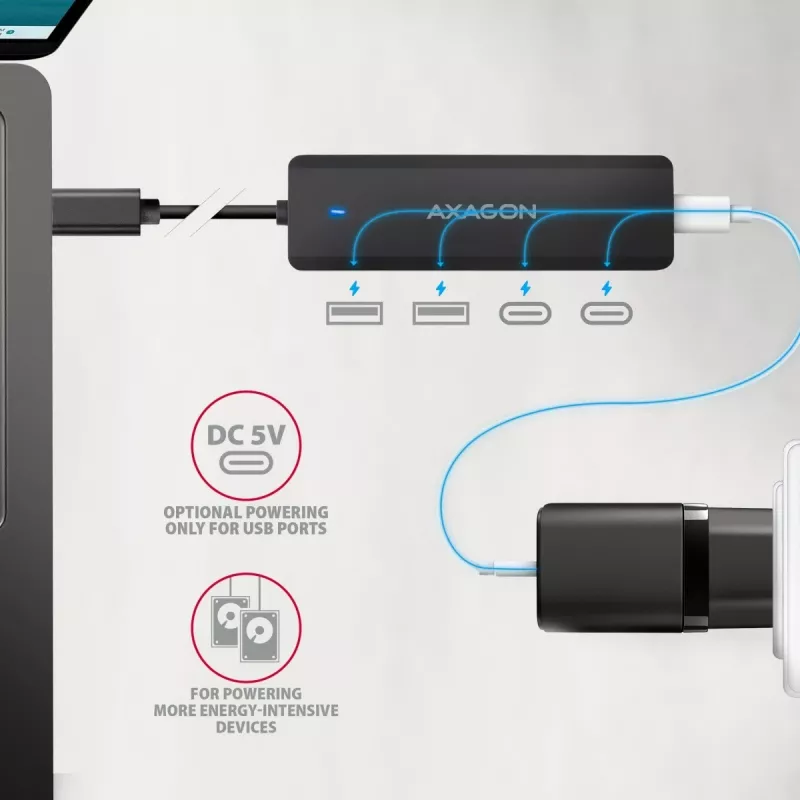 AXAGON HUE-C2C USB-C 5 Gbps kelioninis šakotuvas, 2x USB-A + 2x USB-C, USB-C maitinimo įėjimas, 19 cm kabelis