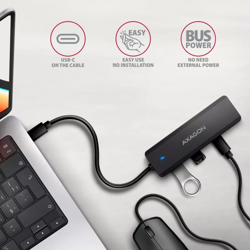 AXAGON HUE-C2C USB-C 5 Gbps kelioninis šakotuvas, 2x USB-A + 2x USB-C, USB-C maitinimo įėjimas, 19 cm kabelis